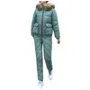 여자 2 피스 바지 세트 패딩 재킷 여성 장갑 겨울 한국 자연 모피 칼라 다운 코튼 코트 암컷 슬림 한 두꺼운 2 피스 스키