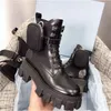 2022 Women Rois martin boots military inspired combat bootss nylon pouch attached to the ankle with strap Ankles boot top quality black matte patent leather shoes