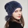 Berets Dames Natural Knitted Fur Mink Hat met pluche pom caps om warme luxe en elastische Rusland te behouden