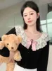 Kadınlar bluz moda sonbahar kawaii lolita örgü hırka tatlı tepeleri Japon sevimli dantel fırfırlar o boyun eğrisi süveter vintage kadın mahsul