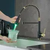 Robinets de cuisine LED brosse laiton pour évier mitigeur bec ressort mélangeurs robinet eau froide Crane9009 221109