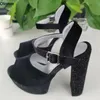 Olomm Handmade Women Platform Sandals FauxSuede Rhinestone Rhinestoneかかとを丸くつま先エレガントな黒いパーティーシューズサイズ35 47 52