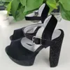 Olomm 2022 Handgjorda kvinnor Platform Sandaler Faux Suede Rhinestone Chunky Heels Round Toe Elegant Black Party Shoes Storlek 35 47 52