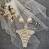 Sexig str￤ngbandage en bit baddr￤kt Kvinnor Glittrande badkl￤der Monokini Gold Foil Fabric Beach Wear Push Up Bathing Suits