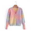 Women's Knits Button Down Cardigans Long Sleeve V Neck Tie-Dye Print Loose Sweaters 2022 Autumn Winter Casual Knitted Clothing
