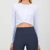 LU-88293 Frauen Tops Yoga eng exponierten Nabel sexy Langarm T-Shuse Bluse Binden Sie atmungsaktive äußere Trage Schlanker Sporthemd