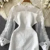 Spring New Design Dress Temperament Mesh Sequin Splice Lång ärm i midjan Princess Hook Flower Mid Length Dress