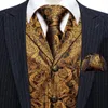 Men's Vests S-3XL Business Mens Suit Vest Lapel V Neck Silk Casual Gold Paisley Waistcoat Formal Groomsman Jacket For Men Wedding