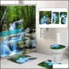 Shower Curtains 3D Waterfall Scenery Waterproof Shower Curtain Bathroom Landscape Trees Flower Bath Mat Set Pedestal Rug Lid Toilet Dhqzy