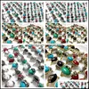 With Side Stones Wholesale 50Pcs Sier Gold Women Rheinstone Turquoise Stone Rings Ring Lady Girls Mens Resale Bague Jewelry Drop Deli Dhwin