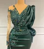 M￶rkgr￶n V Neck Evening Dresses Party Wear Satin Crystal Long Sleeves Mermaid Prom Dress Custom Made Women Formal Gowns Endast