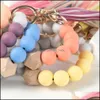 Keychains Lanyards Wooden Tassel Bead String Bracelet Keychain Food Grade Sile Beads Bracelets Women Girl Key Ring Wrist Strap Dro Dhp1X