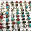 With Side Stones Wholesale 50Pcs Sier Gold Women Rheinstone Turquoise Stone Rings Ring Lady Girls Mens Resale Bague Jewelry Drop Deli Dhwin