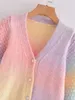 여성용 니트 버튼 다운 카디건 긴 소매 V 목 넥타이 염색 인쇄 느슨한 스웨터 2022 가을 겨울 캐주얼 니트 의류