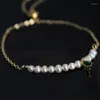 Bangle Vintage Women Green Zircon Natural Freshwater Pearl Bracelet Jewelry Cuff Chain Wedding Party Gifts Accessory Adjustable