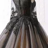 Black Vintage Nude Gothic Wedding Dresses With Long Sleeves Jewel Neck Floor Length Non White Bridal Gowns Custom Made