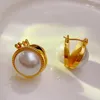 Hoop Earrings HAUNZHI Fashion Gold Colour Double Sided Pearl Stud For Women Personality Design Jewelry Accessories