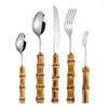 Geschirr-Sets mit natürlichem Bambusgriff, Geschirr, Western- / Steakmesser, Gabel, Löffel, Kuchen, Dessert, Küche, Bar, Zubehör, Kochutensilien