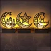 SASHES RAMADAN EID MUBARAK Moon Star Led Candles Licht ornamenten Houtplaque Hangende hanglanke moslim Islam Party Home Decorations Dro Dhkxb