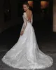 Charming Lace Backless Wedding Dresses Appliqued Bridal Gowns With Long Sleeves Plunging Neckline Sweep Train Tulle A Line Vestido De Novia