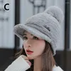 Visiere Donna Berretti caldi Cappelli da equitazione Cappellini da neve Cappello invernale lavorato a maglia Sciarpa Set Palla di pelo Pompon Protezione per le orecchie in lana Collare