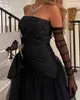 Strapless Black Tulle Prom Dresses Bow Ruched A-Line Formal Evening Gowns Floor Length Women Simple Elegant Special Occasion Wear 2023