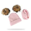 Casquettes Chapeaux BeanieSkull Hiver Enfants Naturel Fourrure De Raton Laveur Double Pompon Chapeau Et Écharpe Pour Filles Bébé Bonnet Avec Véritable Pompon Accessoires Pour Enfants 221107