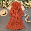 Casual Dresses French Beach Dress 2022 Women Polo Collar Slim With Belt Polka-Dot Chiffon Pleated for Elegant Lady