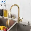 Kitchen Faucets ULA Brushed Gold Stainless Steel 360 Rotate Faucet Deck Mount Cold Water Sink Mixer Taps Torneira 221109