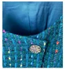 Printemps col rond Tweed couleur unie lambrissé veste bleu laine manches longues boutons simple boutonnage Outwear manteaux A2N086381
