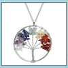 Pendanthalsband Tree of Life Quartz Pendant Necklace Rainbow 7 Chakra Mticolor Natural Stone Wisdom Leather Chain for Girls Gift D Dhtfo