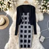 Arbetsklänningar Kvinnor Knit Two Piece Set Plaid Print Spaghetti Strap BodyCon Mini Dress and Long Sleeve Cardigan Suits Womens Clothing Set