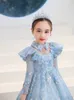 GULD SEKKINADE FLOWER GIRL DRESS för Wedding Blue Lace Långa ärmar Småbarnstävlingsklänningar Appliced ​​Ball Gown Kids Prom Dress 403