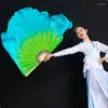 Stage Wear Vrai Soie Voile 1 Paire Coloré Yangko Danse Fan Côtes De Bambou Accessoires Double Face Performance Voiles Courts Vert Bleu Dégradé