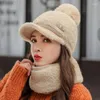 Visorlar Kadınlar Sıcak Beanie Şapkaları Binicilik Kar Kapakları Kış Örgü Şapka Eşarp Set Saplı Ponpom Yün Kulak Koruma Kapak Takım