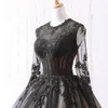 Black Vintage Nude Gothic Wedding Dresses With Long Sleeves Jewel Neck Floor Length Non White Bridal Gowns Custom Made