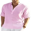 Hommes t-shirts jeunesse coton lin couleur unie à manches longues hauts décontracté mode ample rétro col montant demi Cardigan homme chemise