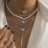 Kedjor Multi-Layered Chain Halsband f￶r kvinnor Vintage Butterfly Pearl Choker Pendant Party Jewelry Gift