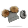 Casquettes Chapeaux BeanieSkull Hiver Enfants Naturel Fourrure De Raton Laveur Double Pompon Chapeau Et Écharpe Pour Filles Bébé Bonnet Avec Véritable Pompon Accessoires Pour Enfants 221107