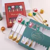 4PCS Christmas Spoon Fork Sets Stainless Steel Golden Coffee Scoop with Cute Pendant Xmas Gifts for Familes