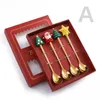 4PCS Christmas Spoon Fork Sets Stainless Steel Golden Coffee Scoop with Cute Pendant Xmas Gifts for Familes