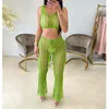 Women's Two Piece Pants Women Bathing Beach Outfits Solid Fishnet Crochet Knit See Through 2pcs Ladies Vest And Drawstring Set Summer