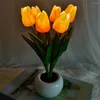 Veilleuses tulipe pot de fleurs lampe réaliste à la recherche alimentée par batterie 6 têtes en céramique simulation fleur atmosphère de chevet lumière LED