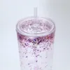 24 унции снежного снежного шара Акриловые тумблеры с плоской крышкой соломенная прозрачная пластиковая чашка для питья с отверстием для заполнения блеска