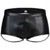 Mutande Boxer da uomo sexy Slip boxer in ecopelle senza schienale Jock Strap Man U Borsa convessa Pantaloncini Stage Clubwear