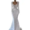 3D -bloemen Sparkly Wedding Sexy V Nek Lange mouw kralen Lace Bridal Troags Romantische bruid jurk Robe de Mariee Wly935