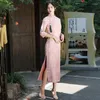 Etniska kläder kvinnliga qipao mandarin krage rosa cheongsam vestidso elegant kinesisk klänning tryckt blomman nyhet satin kvällsfest klänning