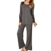 Calças de duas peças femininas 2pcs Comfort pijama define mulheres de manga comprida renda de retalhos de retalhos de top