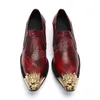 Fashion Golden Metal Toe Geothe Le cuir robe Shoes Men Handmade Men's Wine Red Party and Wedding Chaussures