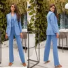 Elegant Blue Women Pants Suits 3 Pieces Slim Fit High Waist Prom Evening Party Wear Blazer Flared Trousers Sets